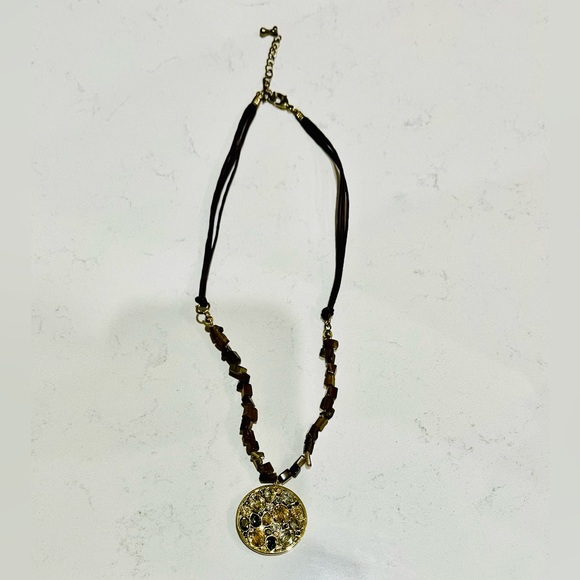 Upcycled VTG Swarovski Dorado Pendant/Tiger Eye Leather Powerhouse Necklace, EUC - Picture 4 of 13